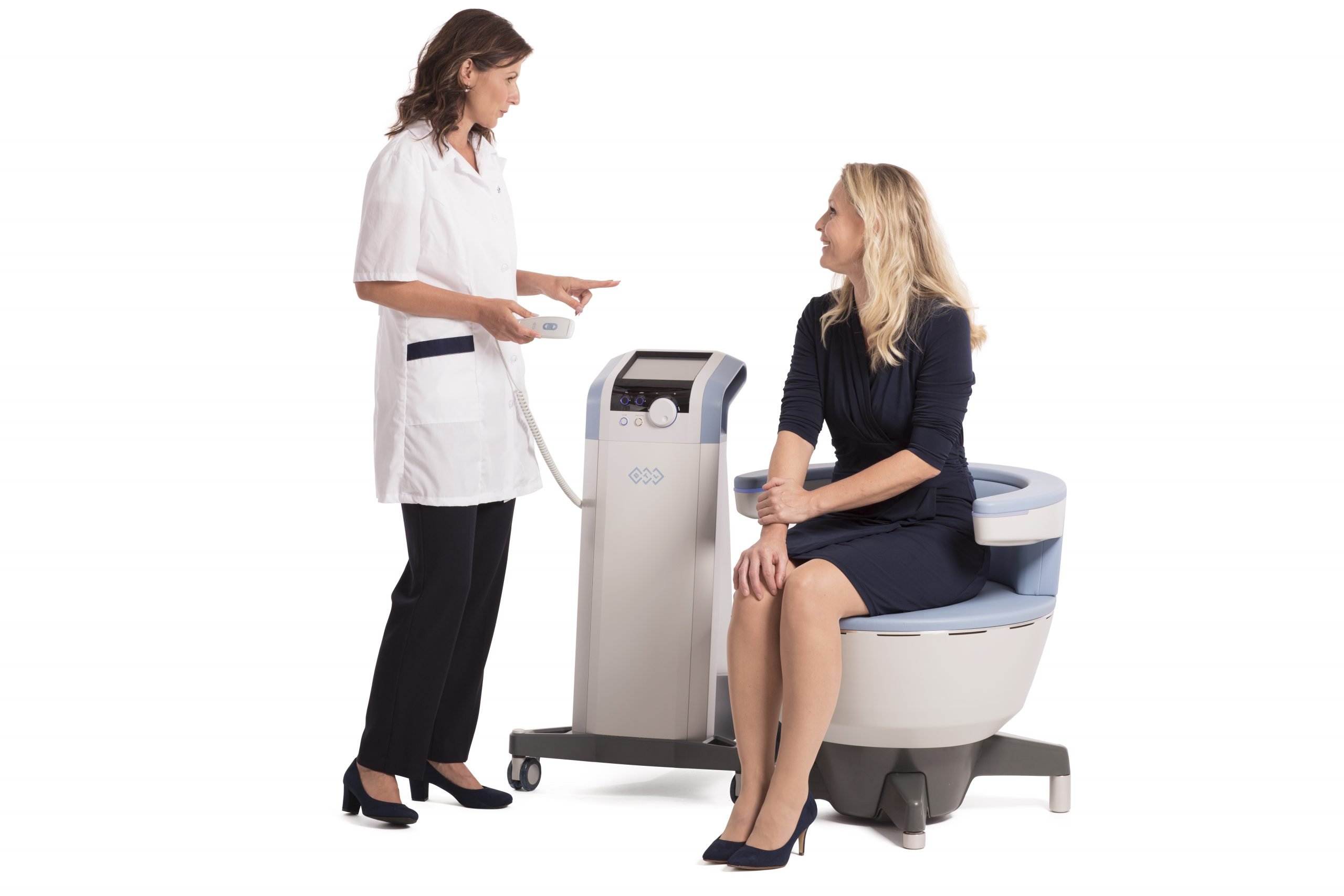 A lady with a nurse starting the process of using EMSELLA and reducing her incontinence issues.